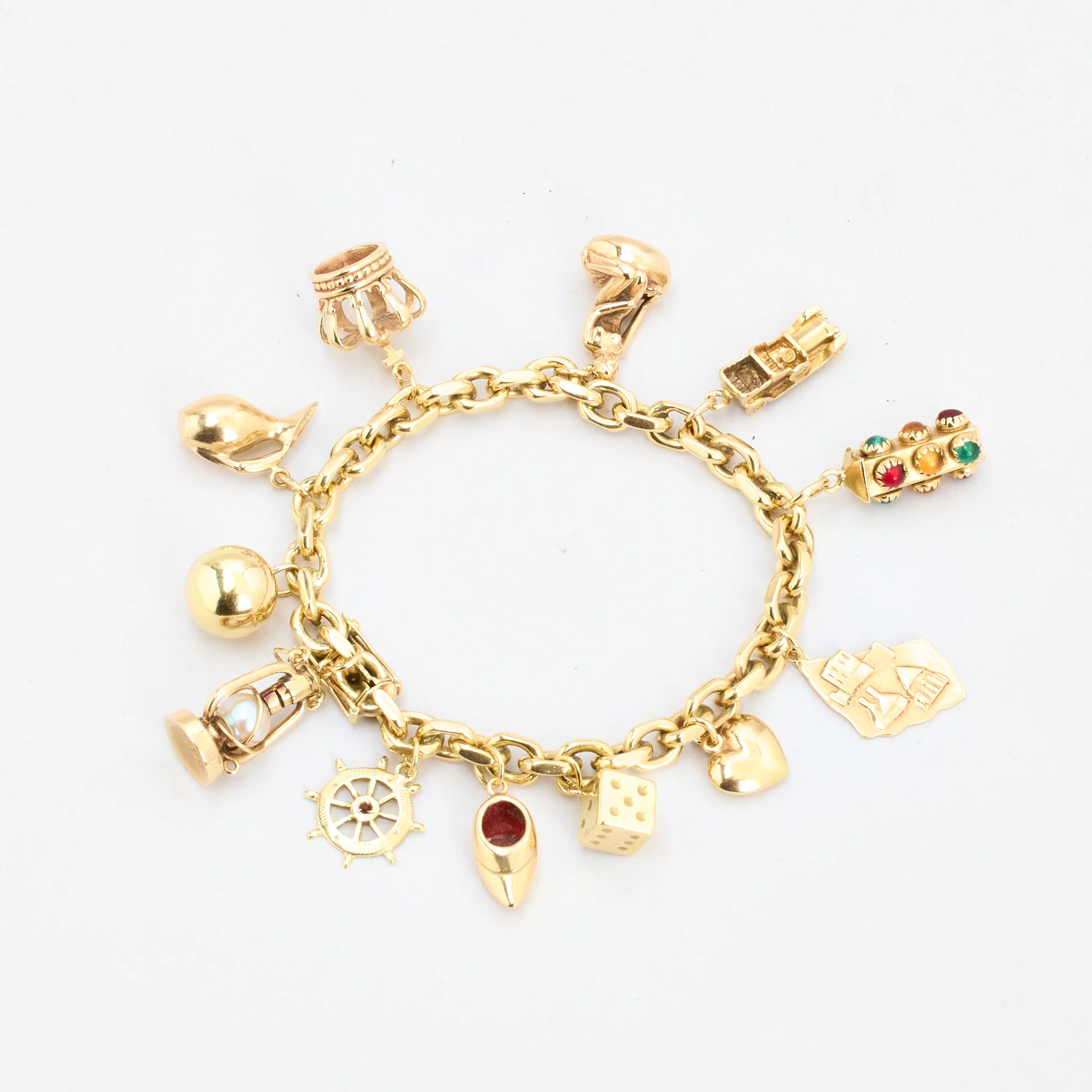 Ankarkedja berlockarmband i 14K guld med en zirkonia, zirkonia, zirkonia och pärla, 18 cm, 48.82 g - Image 2